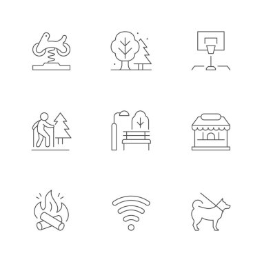 Parkın çizgi simgelerini beyaza ayır. Bahar salıncağı, basketbol arka tahtası, İskandinav yürüyüşü, tezgah, sokak lambası, kamp ateşi, wi-fi, orman. Vektör illüstrasyonu