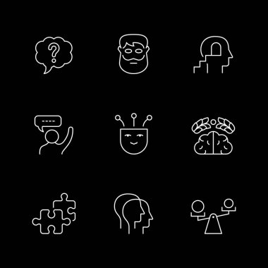 Siyaha izole edilmiş felsefe simgeleri. Antik filozof, beyin, kafa, tırnak içinde karşılaştırma, akıl, eğitim, soru. Vektör illüstrasyonu