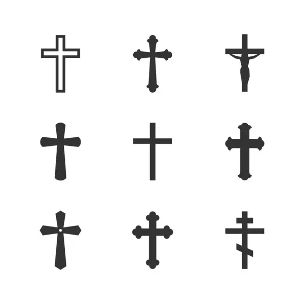 Встановити Гліфові Ікони Релігійного Хреста Ізольовані Білому Символ Релігії Розп Ліцензійні Стокові Вектори