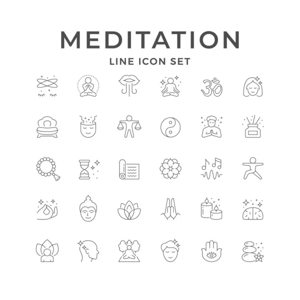 Установить Линии Иконы Медитации Изолированы Белом Стул Время Четки Будда Стоковая Иллюстрация