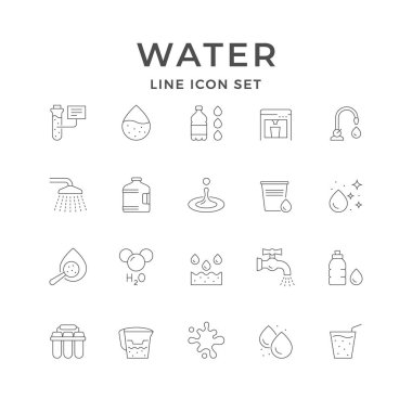 Suyun çizgi simgesini beyaza yalıt. Dispenser şişe, tap, drop, splash, kimyasal test, soğutucu, osmoz filtresi, formül. Vektör illüstrasyonu