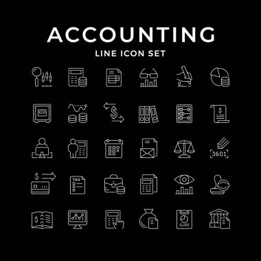 Muhasebe simgelerini siyaha ayır. Para hesaplama, kasa, vergi belgesi, hukuk konsepti, kredi kartı, mühür, imza, grafik, veri araması, bilgisayar. Vektör illüstrasyonu