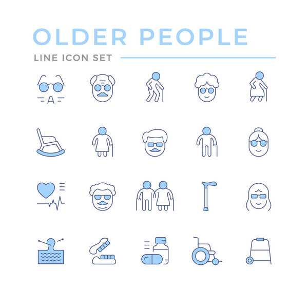 Set color line icons of older people isolated on white. Old person, grandfather and grandmother, retired people, rocking chair, walking stick or cane. Vector illustration