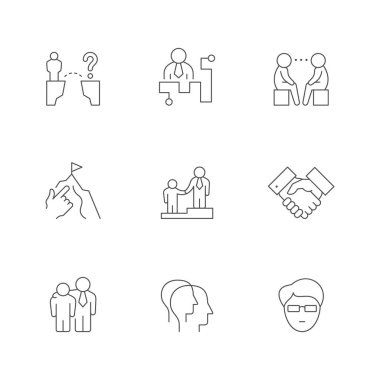 Akıl hocalarının çizgi simgelerini beyaza ayır. El sıkışma, problem çözümü, iletişim, iş uzmanı, motivasyon, danışma, danışmanlık, profesyonel amaç. Vektör illüstrasyonu