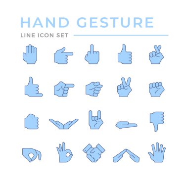El hareketinin renk çizgisi simgelerini beyaza ayır. El sıkışma, çapraz parmaklar, başparmak yukarı ve aşağı, zafer sembolü, tamam işareti, işaret, hoşlanma ve hoşlanmama. Vektör illüstrasyonu
