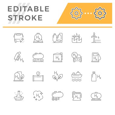 Beyaza izole edilmiş hidrojen çizgisi simgeleri koyun. Tank, rüzgar enerjisi, boru hattı, eko toplu taşıma, yeşil güç, elektroliz, kimyasal tesis. Düzenlenebilir felç. Vektör illüstrasyonu