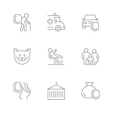 Sigorta simgeleri beyazlar üzerinde izole edilmiş. Emeklilik, kaza. Hayvan, araba, aile, hamilelik, kargo, tasarruf vektörü illüstrasyonunun korunması