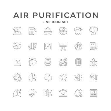Hava arındırma simgelerini beyaza yalıtın. Temiz akciğerler, polen, ultraviyole filtre, endüstriyel kirlilik, iyonizatör, antibakteriyel koruma, ev iklim cihazı. Vektör illüstrasyonu