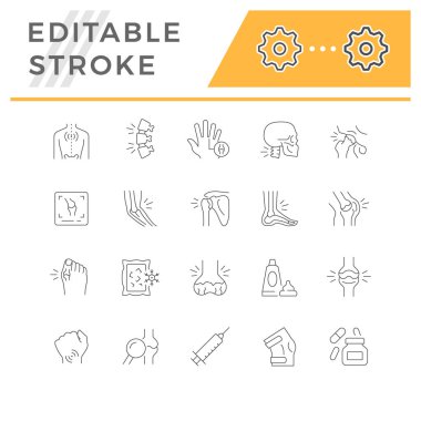 Eklem ağrısının simgelerini beyaza ayır. Artrit, romatizma, osteoporoz, sırt ya da omurga ağrısı, ortopedik sorun, nasır. Düzenlenebilir felç. Vektör illüstrasyonu