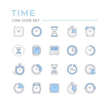 Beyaz üzerine izole edilmiş zamanın renk çizgisi simgelerini ayarla. Kol saati, kum saati, dijital ve klasik alarm, kronometre, 24 saat, 24 saat. Vektör illüstrasyonu