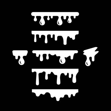 Siyah üzerine izole edilmiş damlaların ya da lekelerin kabartma simgelerini ayarla. Vektör illüstrasyonu