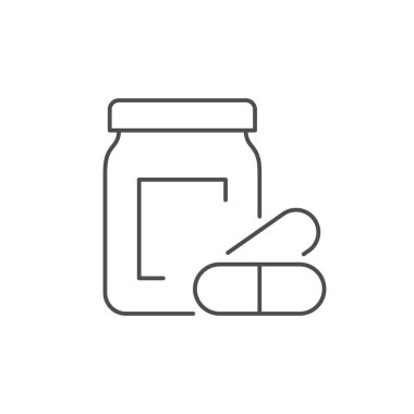 Pills container line outline icon isolated on white. Vector illustration