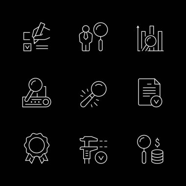 Denetimin simgelerini siyaha ayır. İş araştırması, büyüteç, veri incelemesi, mali denetim. Vektör illüstrasyonu