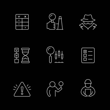 Denetimin simgelerini siyaha ayır. İş araştırması, büyüteç, veri incelemesi, mali denetim, gizli kontrol, casus, tehlike, mühendis. Vektör illüstrasyonu