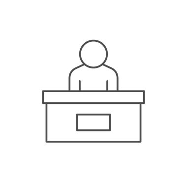 Resepsiyon masası ana hatları simgesi beyaza izole edildi. Vektör illüstrasyonu