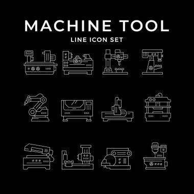 Siyah üzerine izole edilmiş makine aracının çizgi simgelerini ayarla. Ağır endüstriyel ekipman, metal işçiliği, robotik taşıyıcı, metal veya çelik işleme, mühendislik. Vektör illüstrasyonu