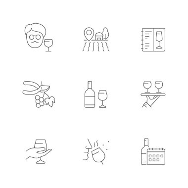 Şarap simgelerini beyaza ayır. Sommelier, çiftlik, üzüm, şişe ve cam, garson, koku, şarap, alkol içeceği, şarap yapımı. Vektör illüstrasyonu