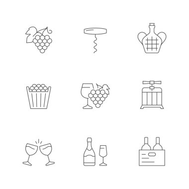 Şarap simgelerini beyaza ayır. Üzüm, tirbuşon, meyve suyu, kova, bardak şıngırtısı, şaraphane, alkol içeceği, şampanya, şarap yapımı. Vektör illüstrasyonu