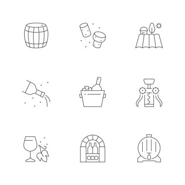 Şarap simgelerini beyaza ayır. Şarap, çiftlik, mantar, fıçı, tirbuşon, şaraphane, alkol içeceği, şarap yapımı, mahzen, buz kovası. Vektör illüstrasyonu