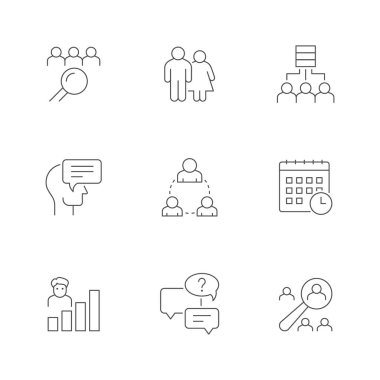 Sosyolojinin simgelerini beyaza ayır. Sosyal etkileşim, insan grubu, veri işleme, röportaj, grafik, araştırma, cinsiyet. Vektör illüstrasyonu