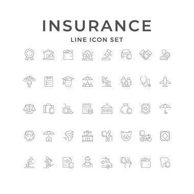 Sigorta simgeleri beyazlar üzerinde izole edilmiş. İmza, mülk koruması, belge, destek. Vektör illüstrasyonu