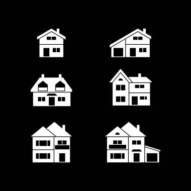 Evin ya da evin kabartma sembollerini siyaha ayır. Gayrimenkul, dubleks, garaj, malikane, mimari konsept, balkon, kulübe, bina dışı. Vektör illüstrasyonu