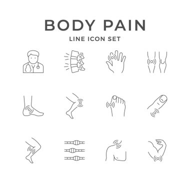 Vücut ağrısının simgelerini beyaza yalıt. Doktor, omurga ağrısı, eklem iltihabı, yaralanma, sağlık sorunu, hallux valgus, kas spazmı. Vektör illüstrasyonu