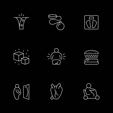 Obezitenin çizgi simgelerini siyaha ayır. Pullar, şeker küpleri, sağlıksız yiyecekler, ayna yansıması, kalp, hareket kabiliyeti olan scooter, fazladan ağırlığı olan kişi. Vektör illüstrasyonu