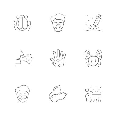 Alerjinin simgeleri beyaza izole edildi. Böcek, grip, iğne, öksürük, kızarıklık, kabuklu deniz ürünleri, yerfıstığı, toz, alerji. Vektör illüstrasyonu