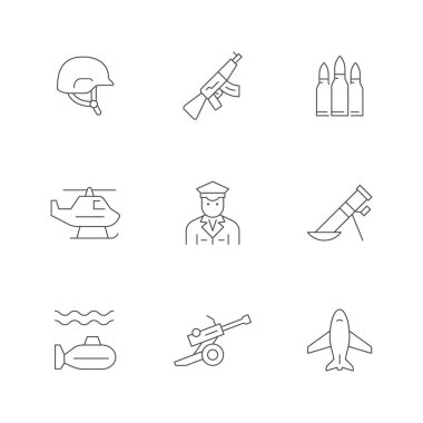 Set line icons of army isolated on white. Helmet, artillery gun, rifle, helicopter, officer, mortar, submarine, transport aircraft Vector illustration clipart