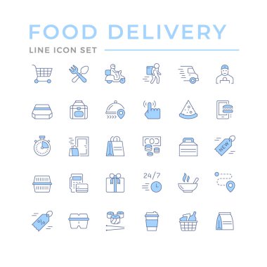 Yemek dağıtımının renk çizgisi simgelerini beyaza ayır. Motosiklet ve minibüs teslimatı, yaya kuryesi, kahve fincanı, yol haritası, pizza, nakit ödeme. Vektör illüstrasyonu