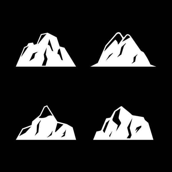 Set glyph icons of mountains isolated on black. Vector illustration