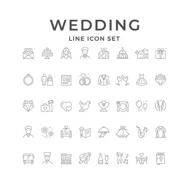 Düğünün simgelerini beyaza ayır. Davetiye mektubu, pasta, havai fişek, damat ve gelin, restoran, fotoğrafçılık, kıyafet yönetmeliği, aşçı, balayı, rahip. Vektör illüstrasyonu
