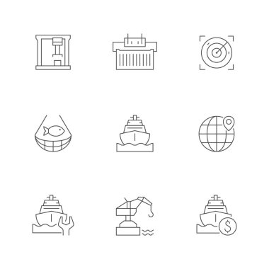 Kargo portunun simgelerini beyaza ayır. Balıkçılık endüstrisi, vinç, radar, yaban domuzu onarımı, ulaşım maliyeti, lojistik servisi. Vektör illüstrasyonu