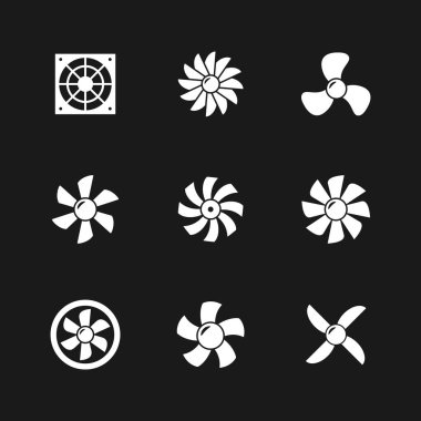 Siyah üzerine izole edilmiş pervane simgelerini ayarla. Bilgisayar soğutucusu, pervane, havalandırma donanımı. Vektör illüstrasyonu