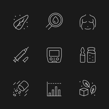 Siyaha izole edilmiş diyabet çizgisi simgeleri koyun. Pankreas, kan testi, obezite, şırınga, glukometre, glikoz seviyesi, tatlandırıcı, tıbbi aksesuarlar. Vektör illüstrasyonu