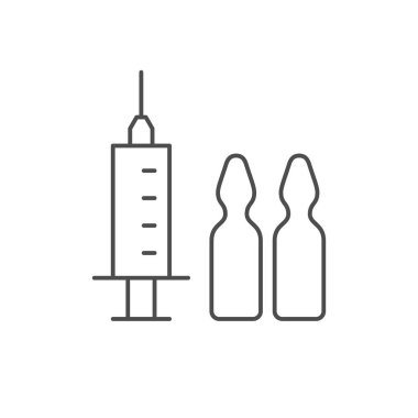 Şırınga ve ampul çizgisi simgesi beyaza izole edildi. Vektör illüstrasyonu