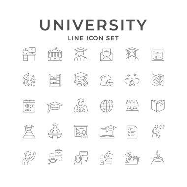 Üniversitenin çizgi simgelerini beyaza ayır. Öğrenci, yurt, çalışma odası, üniversite binası, mezuniyet, yüksek eğitim, kitap, mezuniyet şapkası, sunum. Vektör illüstrasyonu