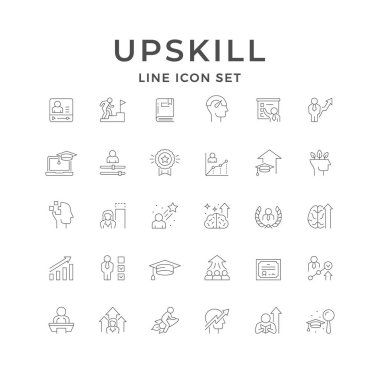 Beyazda izole edilmiş yüksek beceri simgeleri oluşturun. Çevrimiçi eğitim, ödül, iş eğitimi, boyama, grafik, insan performansı, danışman, yükseltme, işçi geliştirme. Vektör illüstrasyonu