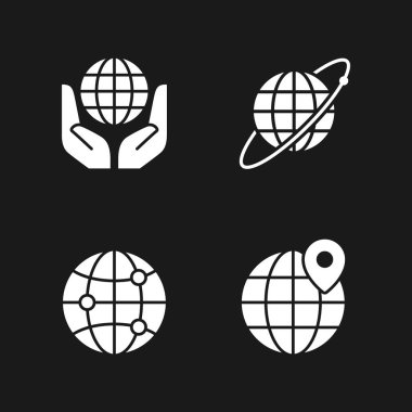 Siyah üzerine izole edilmiş dünya sembolleri koyun. Dünyayı, dağıtımı, lokasyon pimini, dünya yörüngesi, çevresel koruma. Vektör illüstrasyonu