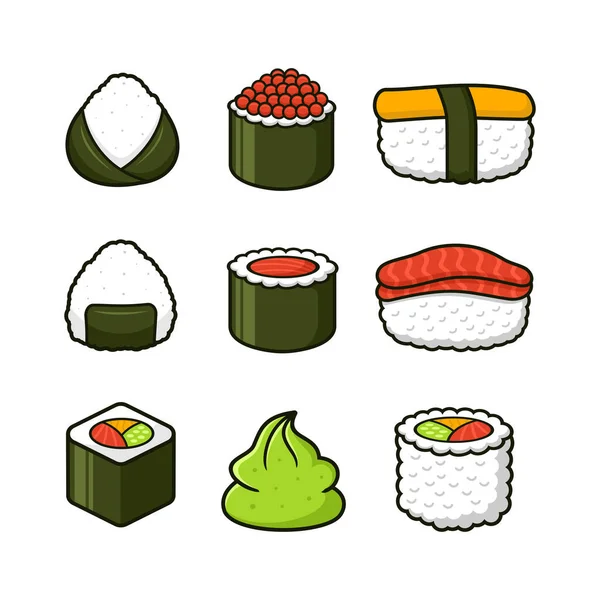 Sushi Ιαπωνική Συλλογή Σχεδίων Κινουμένων Σχεδίων Τροφίμων Τροφίμων — Διανυσματικό Αρχείο
