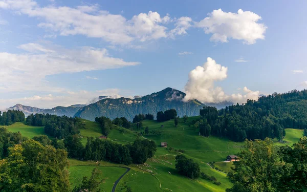 Zielone Wzgórza Budynki Gospodarcze Pobliżu Buergenstock Wsi Lucerna Szwajcarii — Zdjęcie stockowe