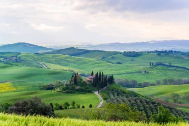 San Quirico d 'Orcia yakınlarındaki Orcia Vadisi' nin tepelerindeki çiftlik evleri ve villaları.