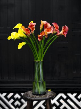 Isolated vase of red and yellow calla lilies clipart