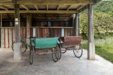 Kamboçya 'da Kampot' ta bir evin altına park edilmiş eski bisiklet triportörleri.