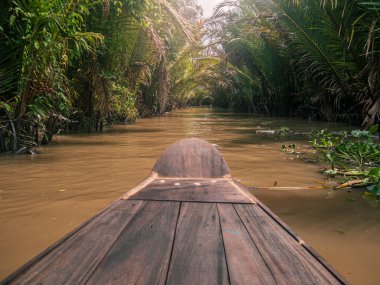 Vietnam 'da Ben Tre' deki dar su kanallarında küçük kürek tekneleri ve örnekler.