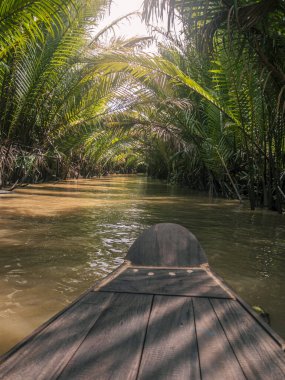 Vietnam 'da Ben Tre' deki dar su kanallarında küçük kürek tekneleri ve örnekler.