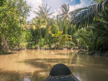 Vietnam 'da Ben Tre' deki dar su kanallarında küçük kürek tekneleri ve örnekler.