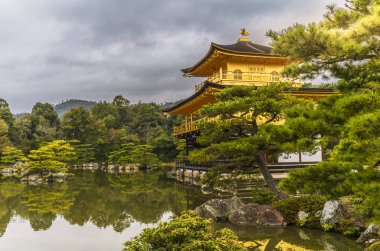 Kyoto 'daki Altın Pavyon sonbaharda göletin sakin sularını yansıtıyor.