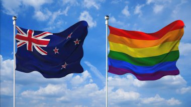 Yeni Zelanda ve LGBT bayrakları gökyüzü arkaplanına karşı 3D render sallıyor